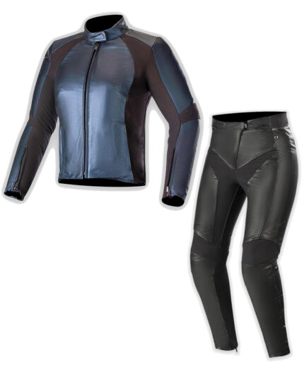 Women Leather Race Suit Stella Vika 2 Piece Suit - Metallic Blue