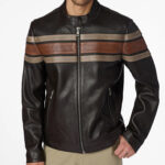 Cafe Racer Leather Jacket Men Retro Stripes - Brown