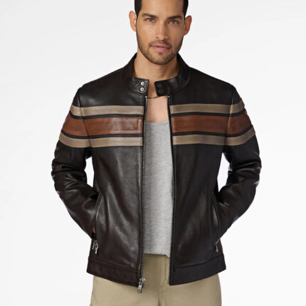 Cafe Racer Leather Jacket Men Retro Stripes