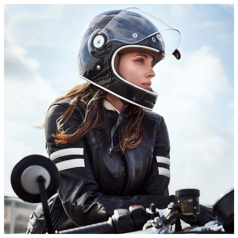 Ladies Leather Jacket Stripe Vintage Motorcycle - Black