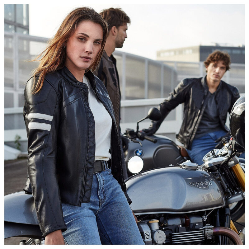 Ladies Leather Jacket Stripe Vintage Motorcycle - Black
