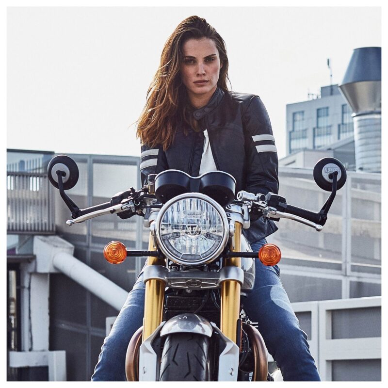 Ladies Leather Jacket Stripe Vintage Motorcycle - Black