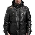 Black Leather Puffer Jacket with Detachable Hood