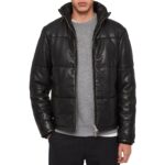 Black Leather Puffer Jacket For Men Quilted