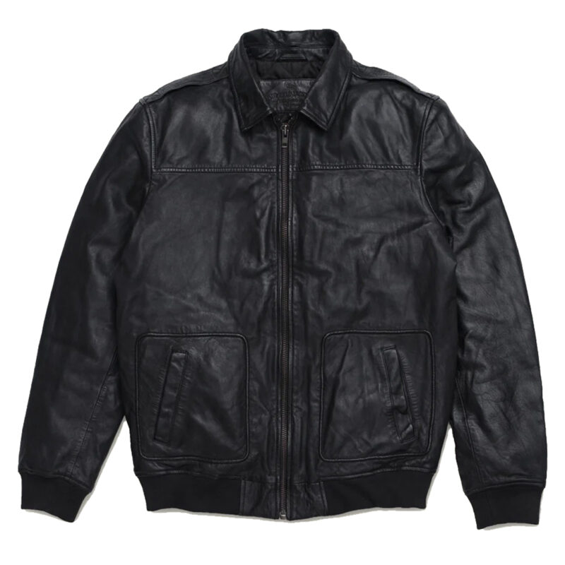 Leather Bomber Jacket For Men - Vintage Black