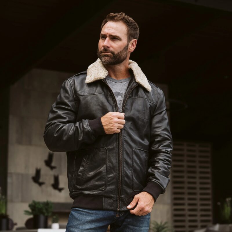 Leather Bomber Jacket For Men - Vintage Black