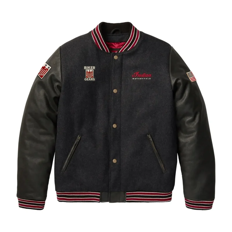 Mens Varsity Bomber Jacket Indian Motorcycle Classic - Black