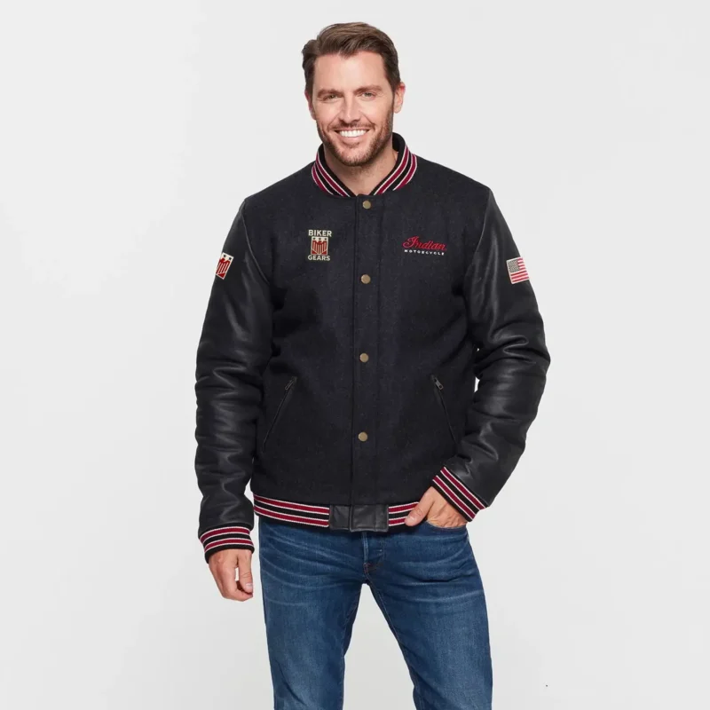 Mens Varsity Bomber Jacket Indian Motorcycle Classic - Black