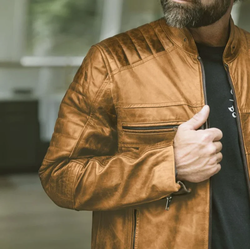 Cafe Racer Leather Jacket Vintage Moto Jacket - Distressed Brown