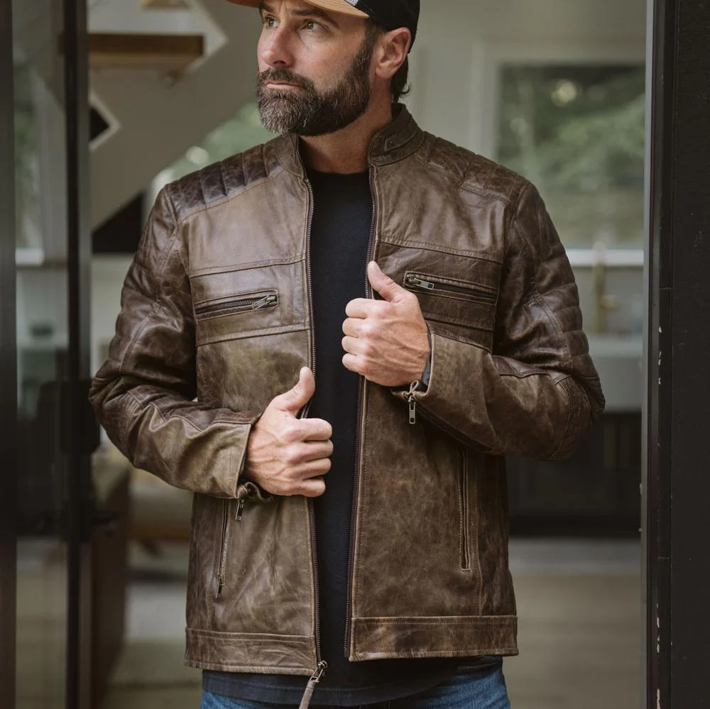 Vintage Moto Jacket Cafe Racer Leather - Distressed Brown