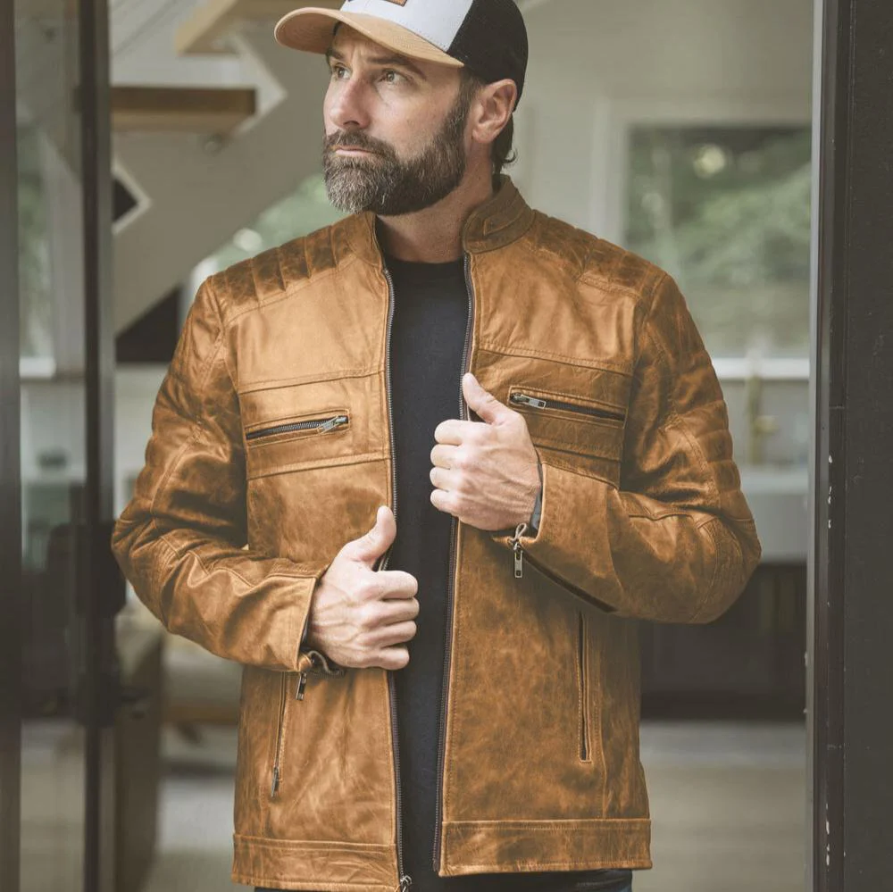 Cafe Racer Leather Jacket Vintage Moto Jacket - Distressed Brown