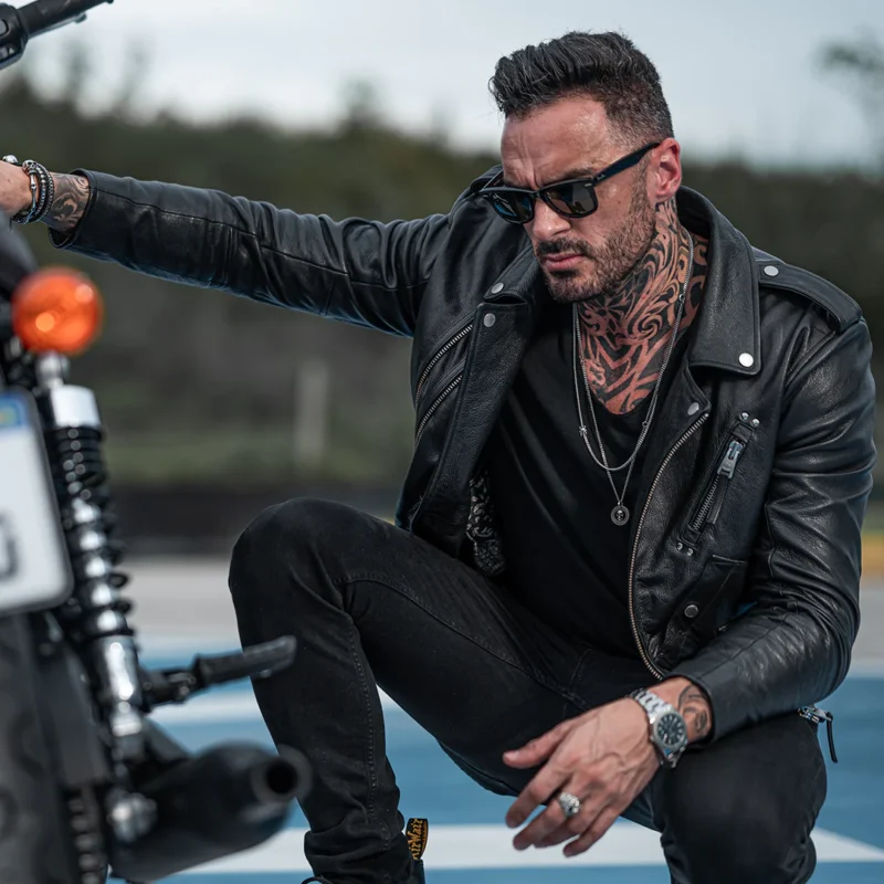 Men Cropped Biker Leather Jacket - Artistic Black