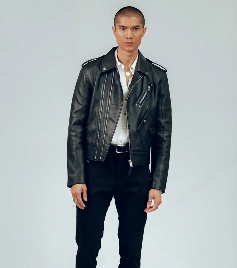 Men Cropped Biker Leather Jacket - Artistic Black