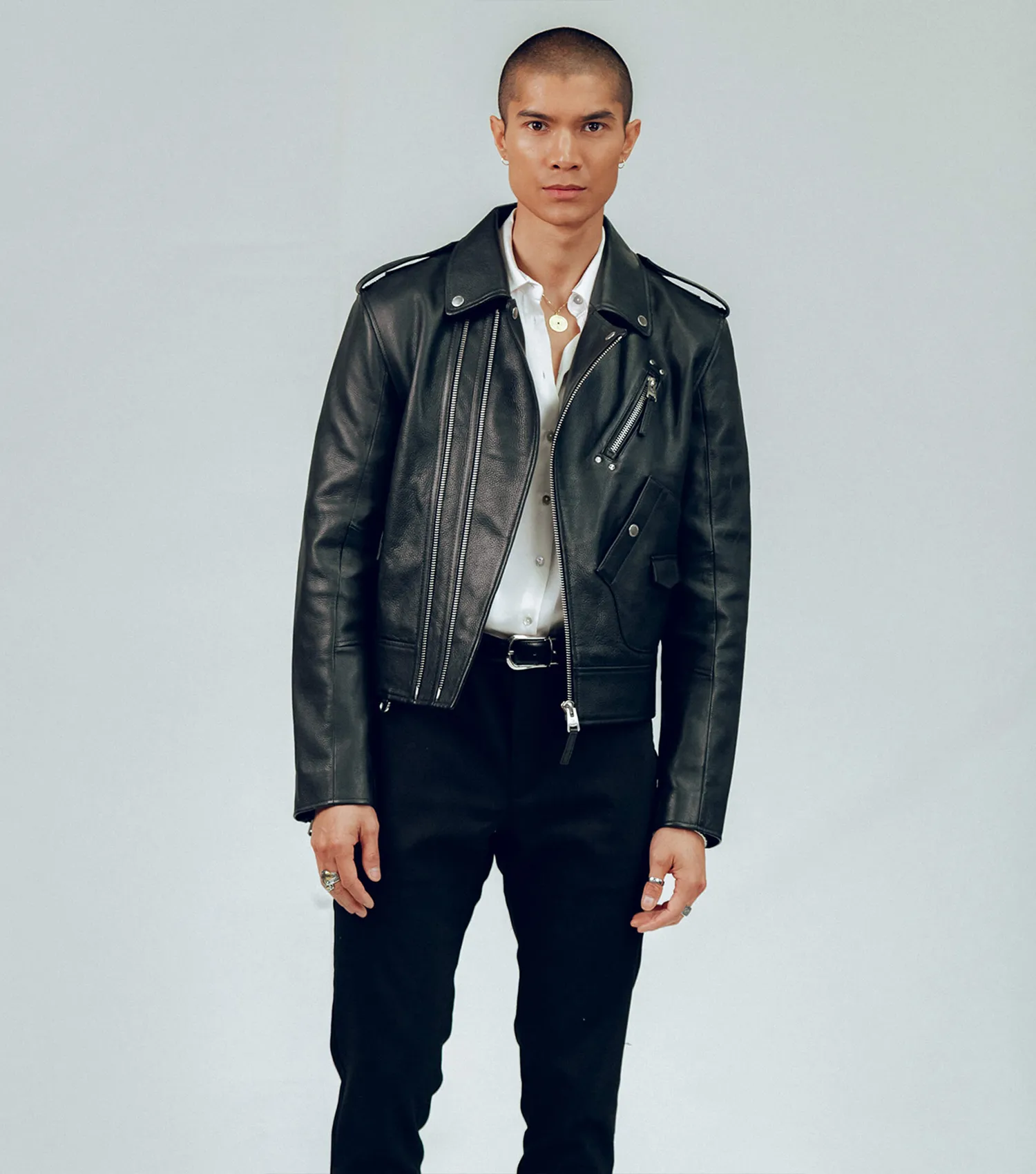 Men Cropped Biker Leather Jacket - Artistic Black