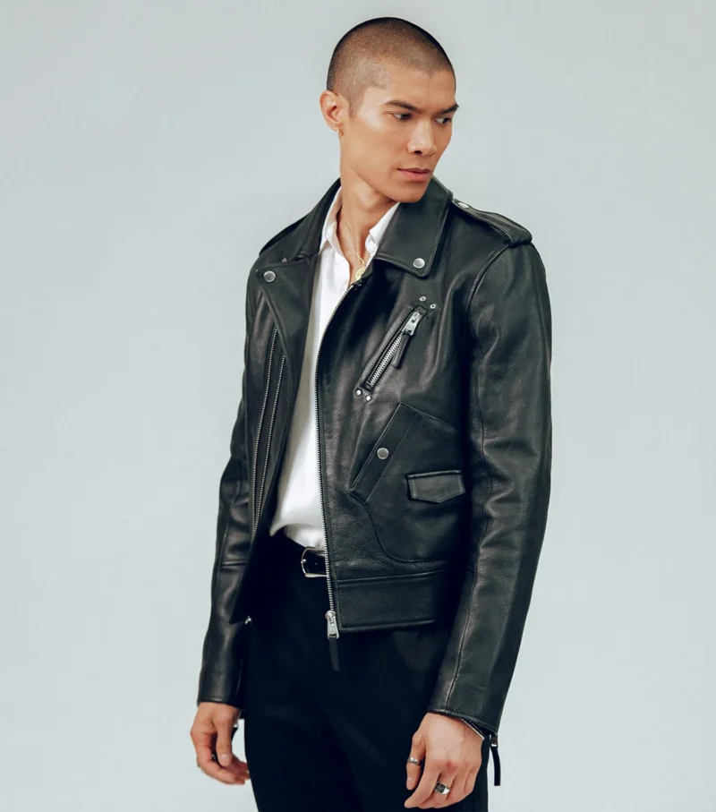 Men Cropped Biker Leather Jacket - Artistic Black