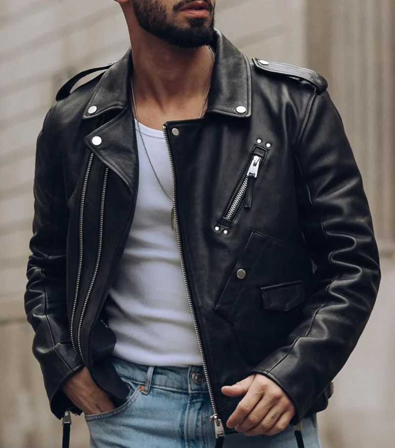 Men Cropped Biker Leather Jacket - Artistic Black