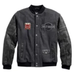 Harley Davidson varsity jacket, men's varsity jacket, biker bomber jacket, charcoal grey varsity jacket, wool and leather varsity jacket, bomber jacket for men, Harley Davidson bomber jacket, men's Harley Davidson jacket, varsity style biker jacket, cotton lined bomber jacket, stand collar bomber jacket, button and zip closure jacket, casual biker jacket, motorcycle bomber jacket, men's biker varsity jacket, classic Harley Davidson jacket