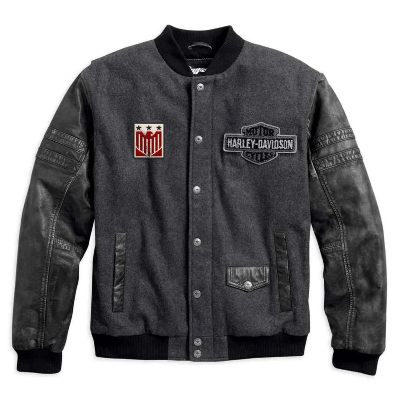 Harley Davidson varsity jacket, men's varsity jacket, biker bomber jacket, charcoal grey varsity jacket, wool and leather varsity jacket, bomber jacket for men, Harley Davidson bomber jacket, men's Harley Davidson jacket, varsity style biker jacket, cotton lined bomber jacket, stand collar bomber jacket, button and zip closure jacket, casual biker jacket, motorcycle bomber jacket, men's biker varsity jacket, classic Harley Davidson jacket