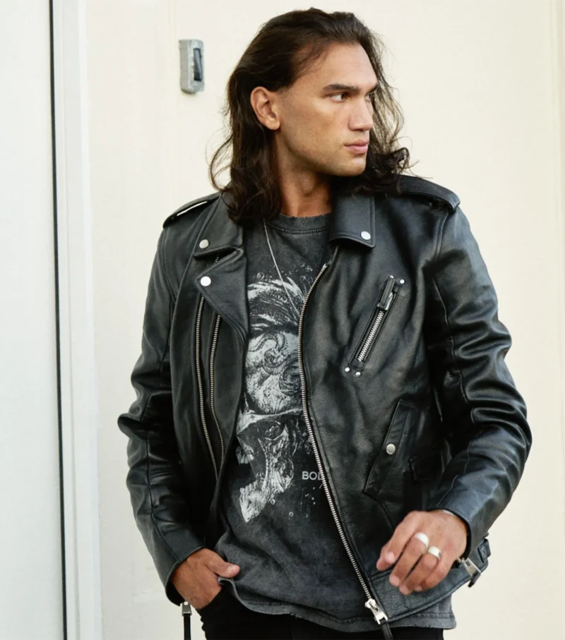 Men Cropped Biker Leather Jacket - Artistic Black