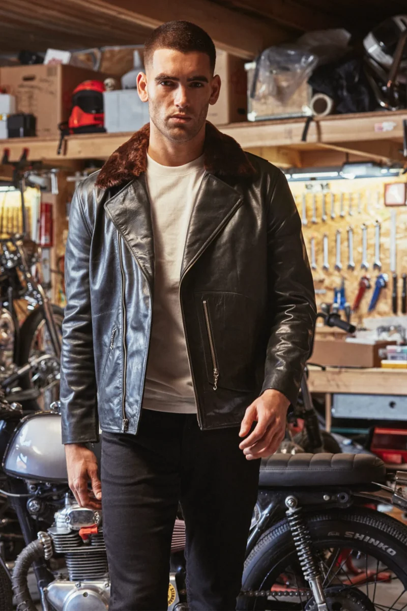 Motorcycle Leather Jacket D-Pocket Fur Collar Jacket