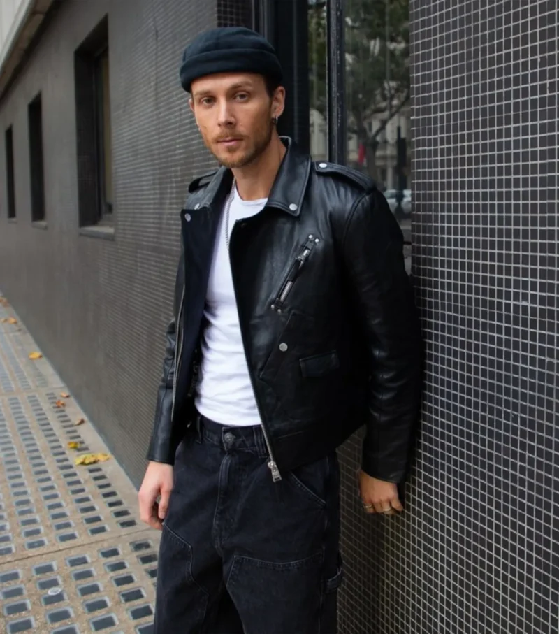 Men Cropped Biker Leather Jacket - Artistic Black