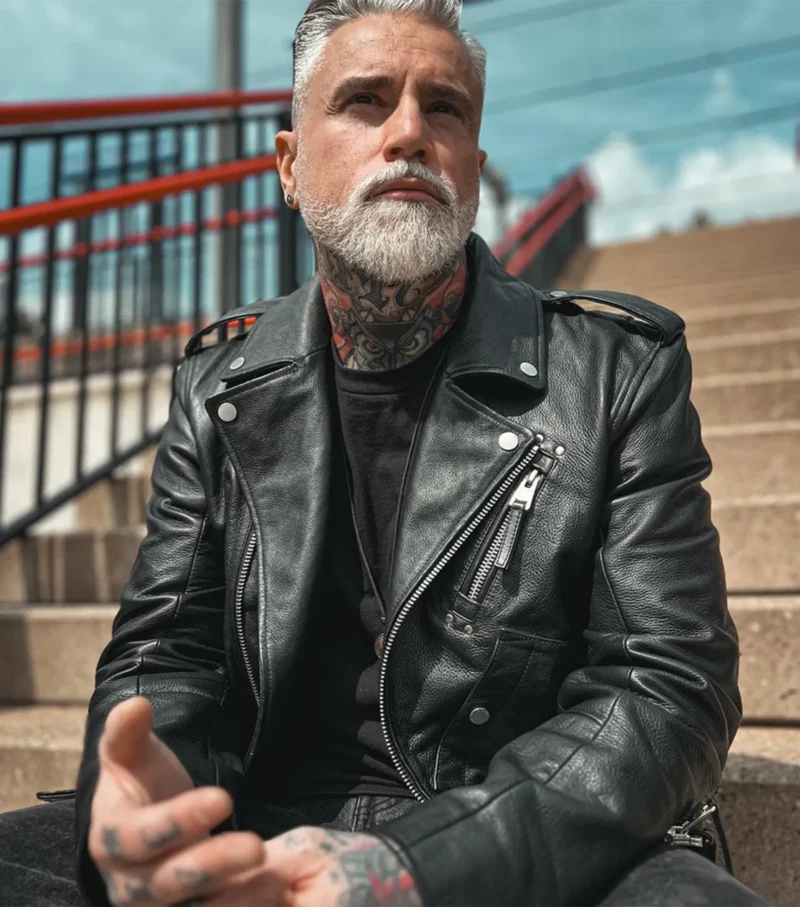 Men Cropped Biker Leather Jacket - Artistic Black