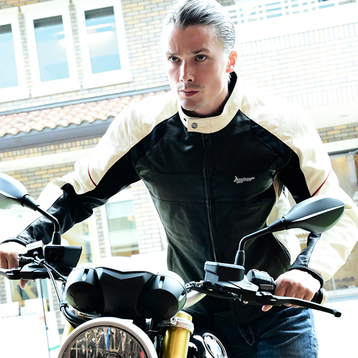 Men Motorcycle Leather Jacket All-Season - Beige