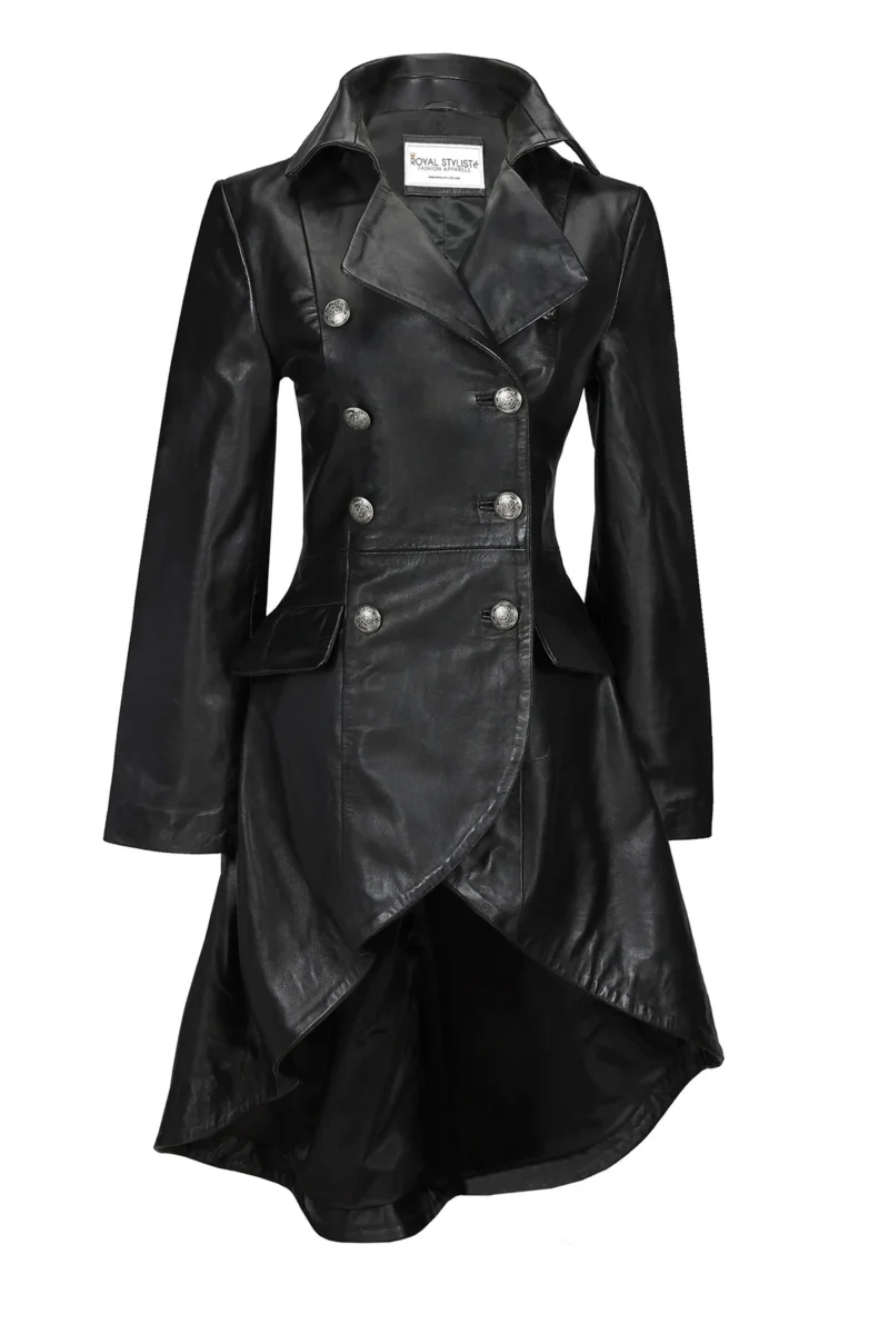 Ladies Real Leather Black Gothic Jacket Fitted Victorian Style Lace Back Coat