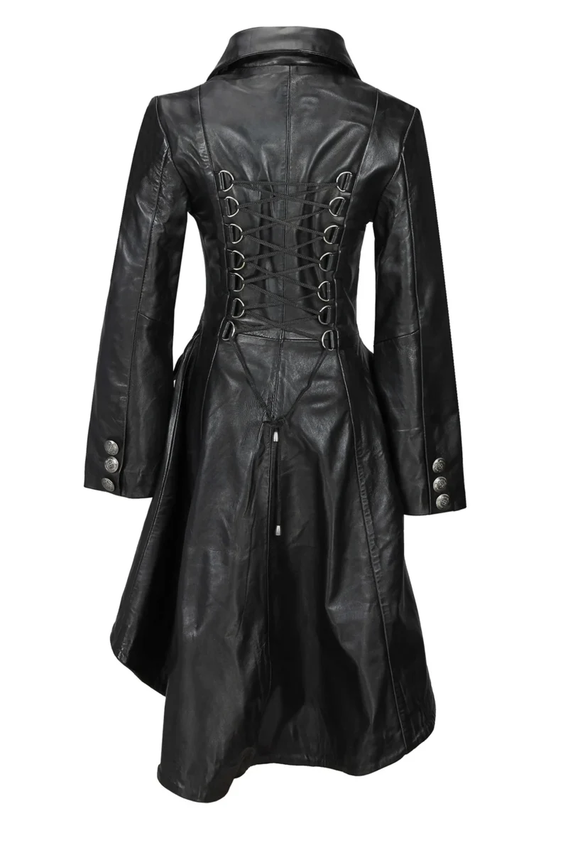 Ladies Real Leather Black Gothic Jacket Fitted Victorian Style Lace Back Coat